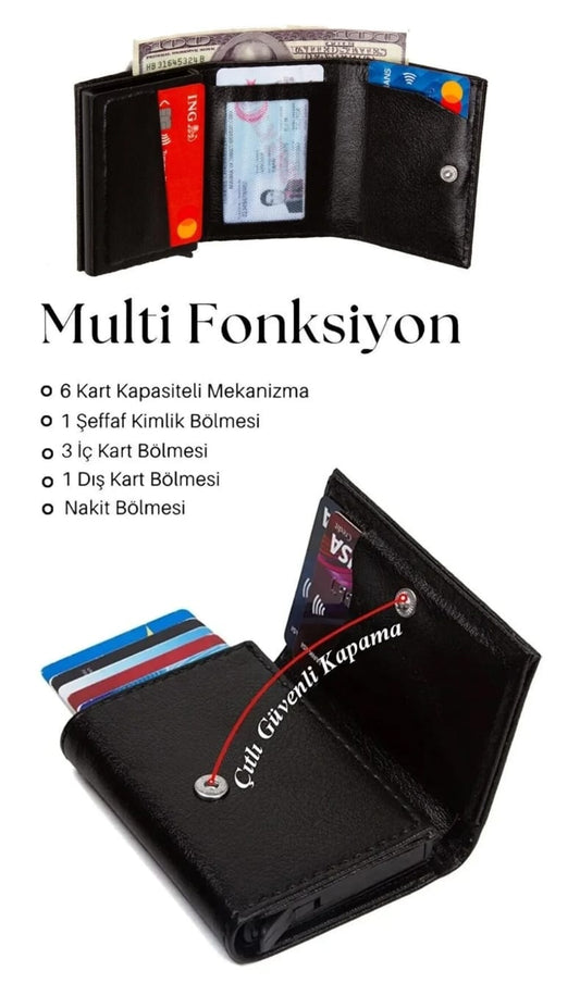 Erkek PREMİUM Vegan Deri Siyah Nakit Para Bölmeli Kızaklı Mekanizmalı Cüzdan Kartlık