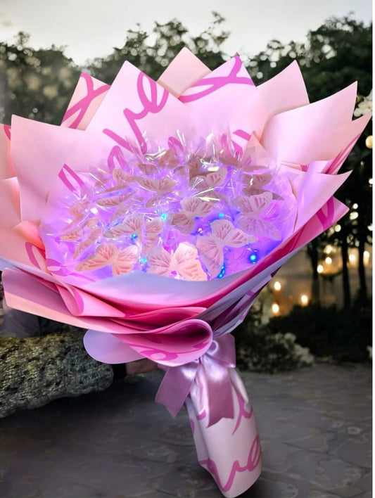 Led Işıklı Pembe Kelebek Buketi Love Ambalajlı, Dekoratif Konsept Hediye Anneye, Sevgiliye, Arkadaşa
