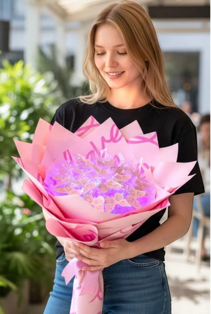 Led Işıklı Pembe Kelebek Buketi Love Ambalajlı, Dekoratif Konsept Hediye Anneye, Sevgiliye, Arkadaşa