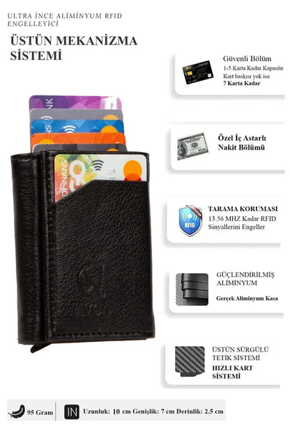 Erkek PREMİUM Vegan Deri Siyah Nakit Para Bölmeli Kızaklı Mekanizmalı Cüzdan Kartlık