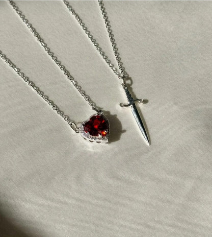 Kalp Kılıç Çift Kolyesi Sevgiliye Hediye Çelik Zincirli