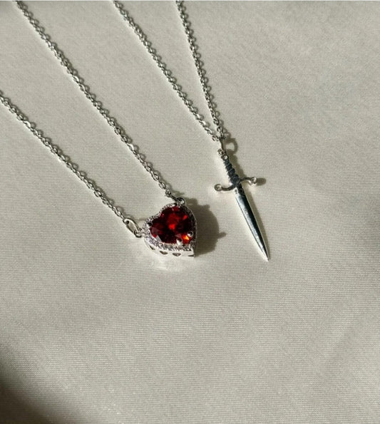 Kalp Kılıç Çift Kolyesi Sevgiliye Hediye Çelik Zincirli