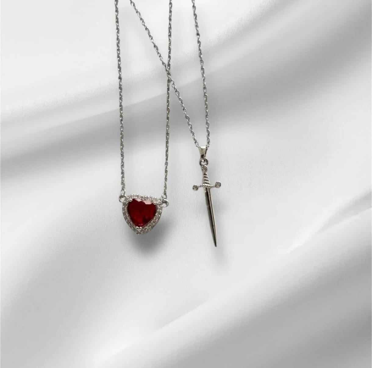 Kalp Kılıç Çift Kolyesi Sevgiliye Hediye Çelik Zincirli