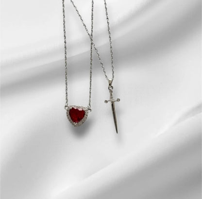 Kalp Kılıç Çift Kolyesi Sevgiliye Hediye Çelik Zincirli