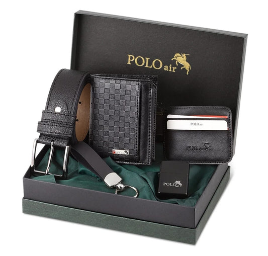 POLO Dama Desen Cüzdan Kendinden Kartlık Kemer Anahtarlık Çakmak Kombin Siyah